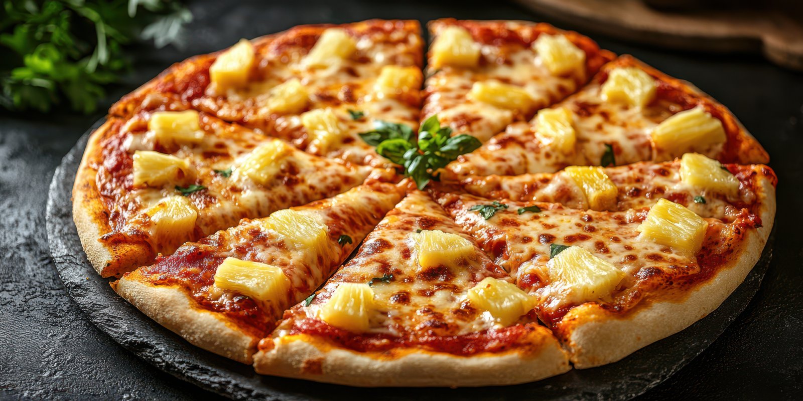 Sliced pizza with cheese and pineapple served on a black stone plate at a cozy dining setting